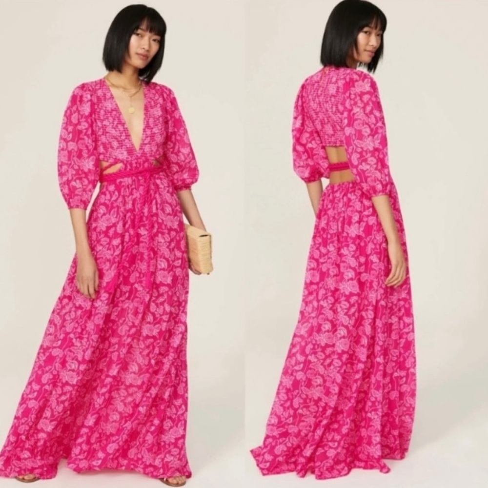 Miguelina Farrah Pink Floral Cut Out Tie Waist Maxi Dress M